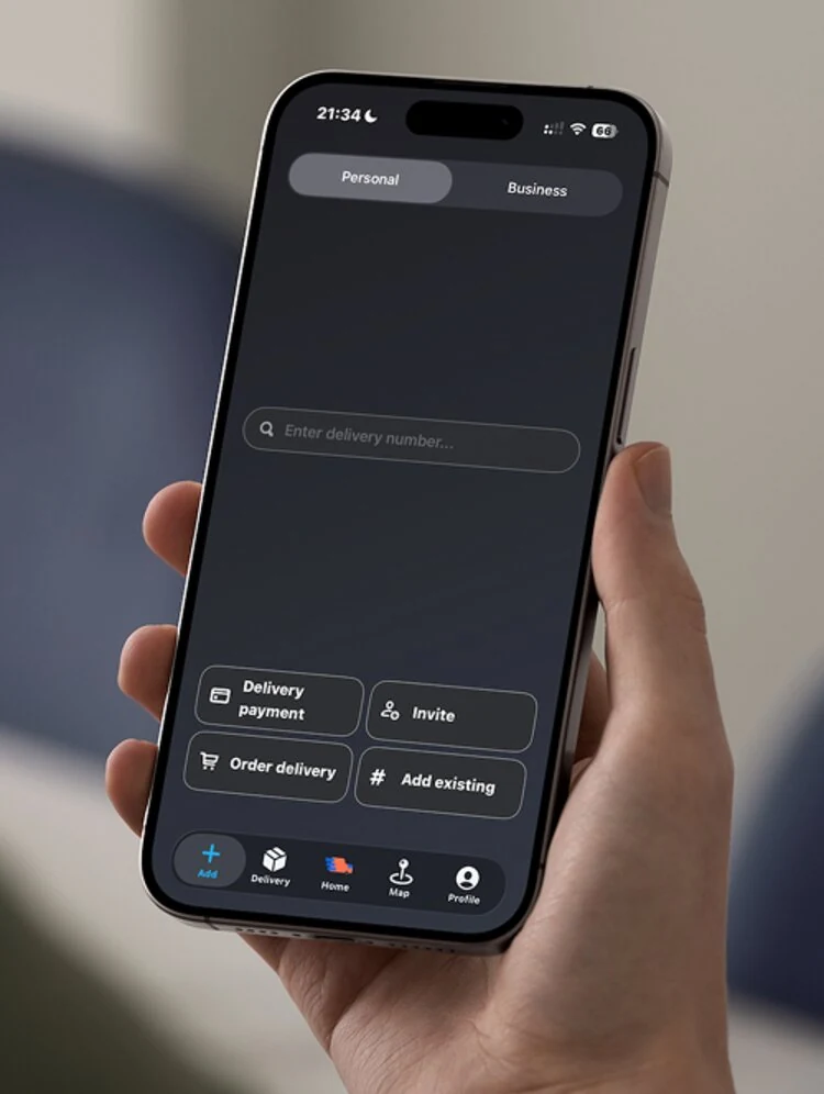 Hand holding a phone showing the Twist Express dark-mode home screen.