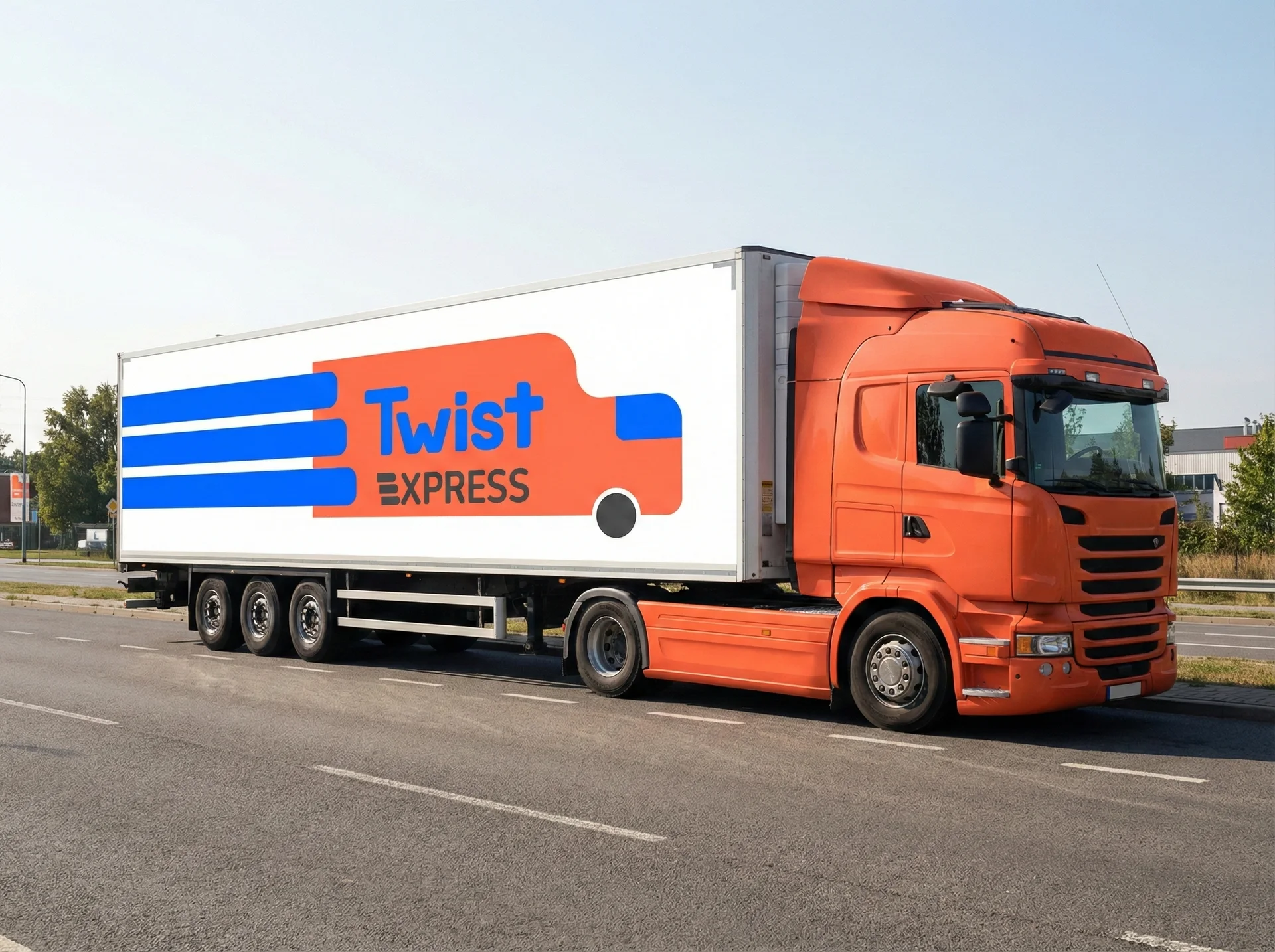 Orange Twist Express long-haul lorry with the delivery-truck identity across its trailer.