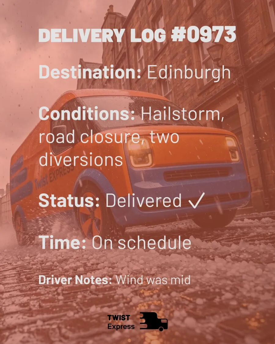 Delivery Log #0973 — Edinburgh. Conditions: hailstorm, road closure, two diversions. Status: delivered, on schedule.