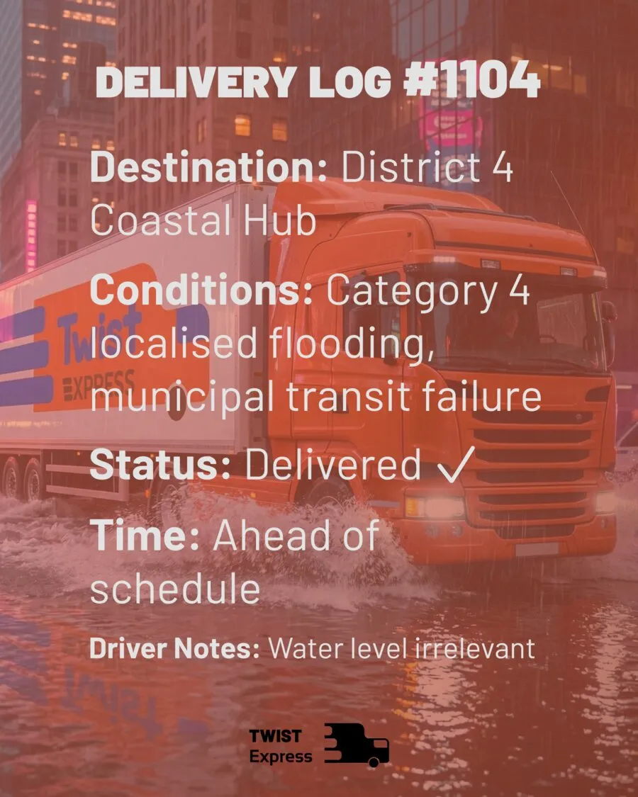 Delivery Log #1104 — District 4 Coastal Hub. Conditions: Category 4 localised flooding, municipal transit failure. Status: delivered, ahead of schedule.