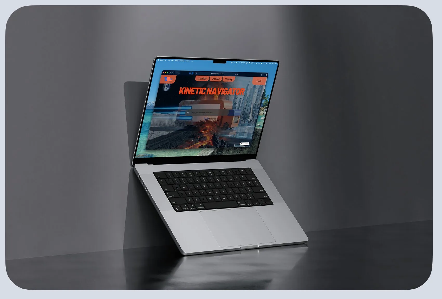 Laptop mockup of the Twist Express website, showing the 'Kinetic Navigator' delivery-tracking homepage.