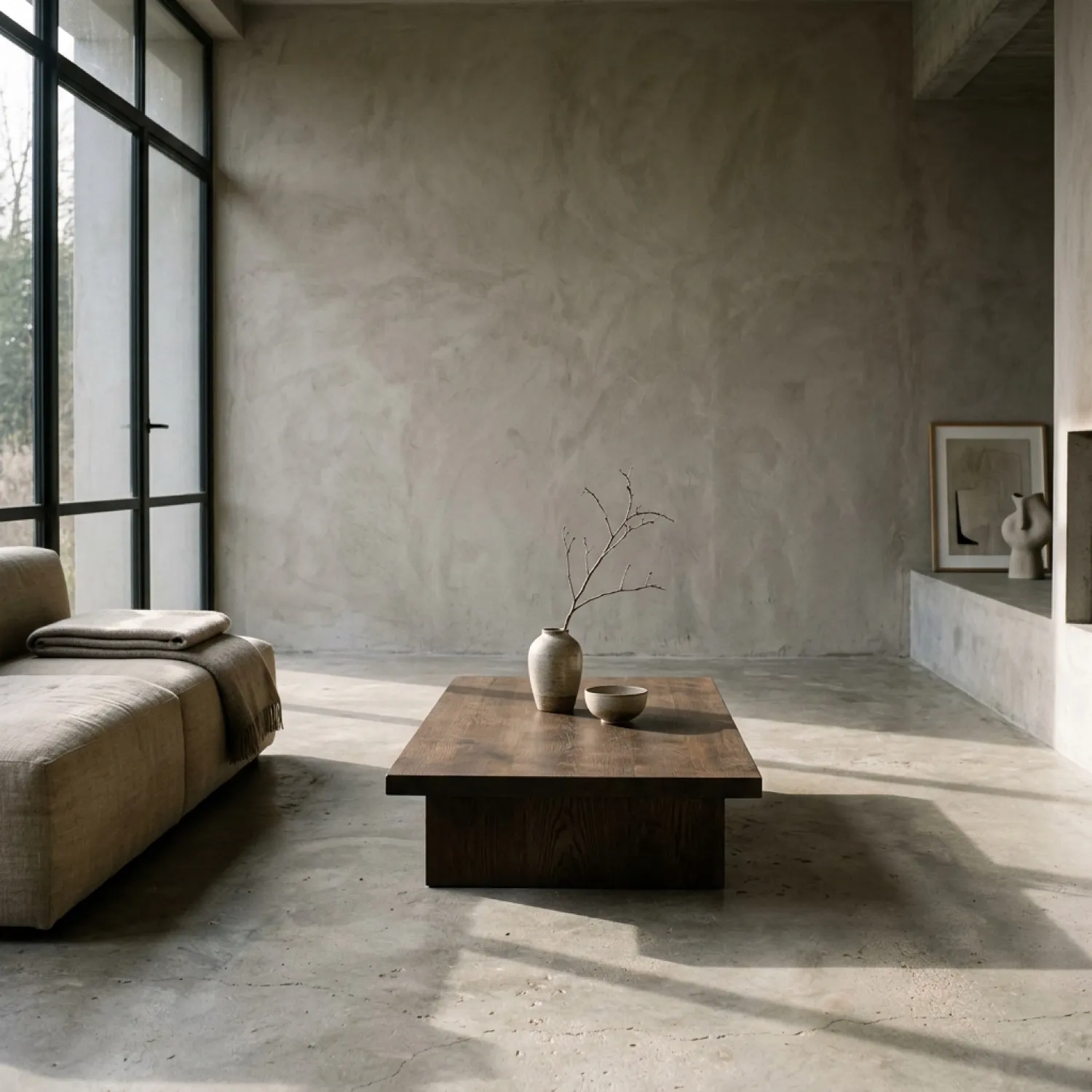 Fictional Feldhaus material-study interior with lime plaster, timber, and daylight.
