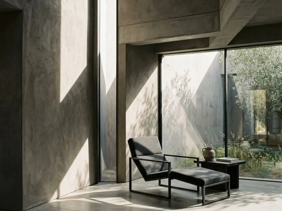 Fictional Feldhaus concept interior shaped by concrete, daylight, and a restrained material palette.