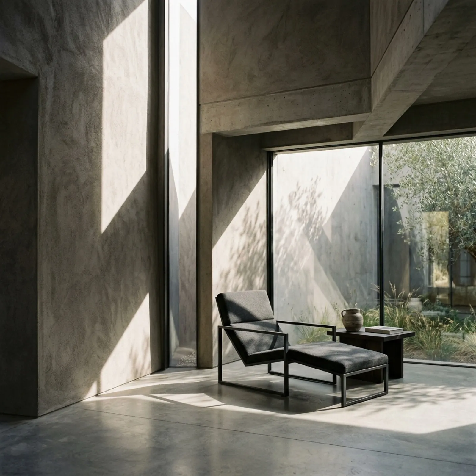 Fictional Feldhaus concept interior with a chair framed by concrete walls and daylight.